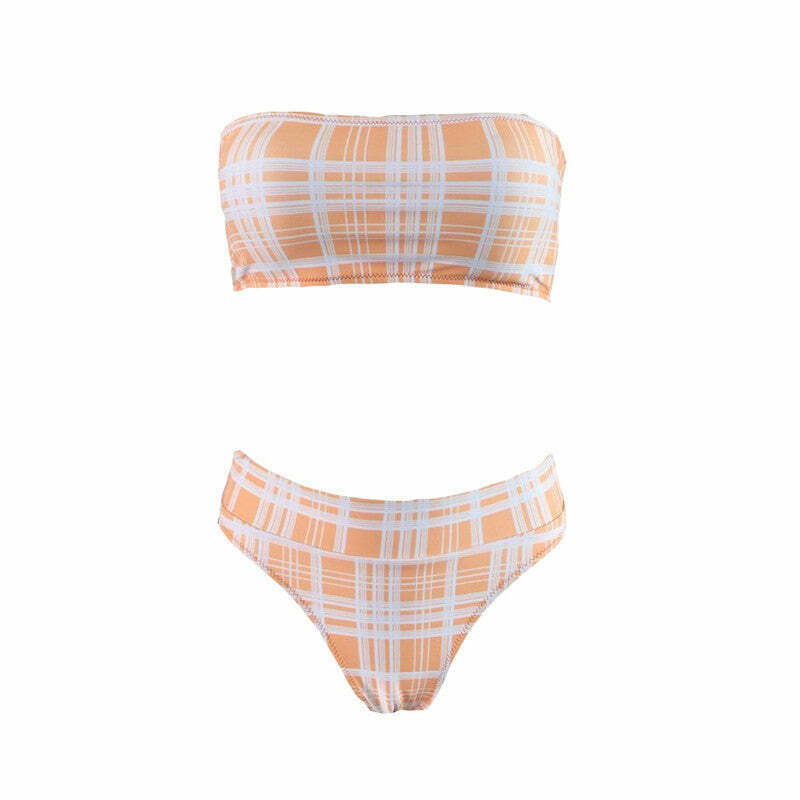 Coquette Aesthetic Tartan Bandeau Bikini Set - Y2K Fashion Swimwear
