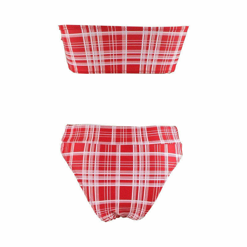 Coquette Aesthetic Tartan Bandeau Bikini Set - Y2K Fashion Swimwear