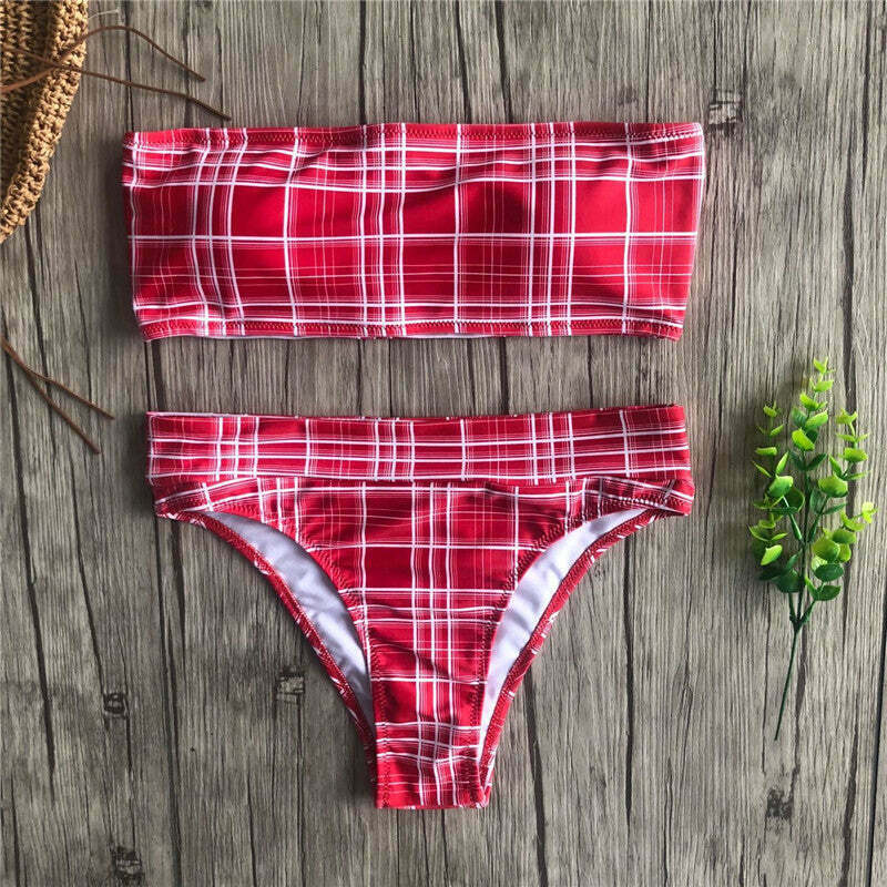 Coquette Aesthetic Tartan Bandeau Bikini Set - Y2K Fashion Swimwear