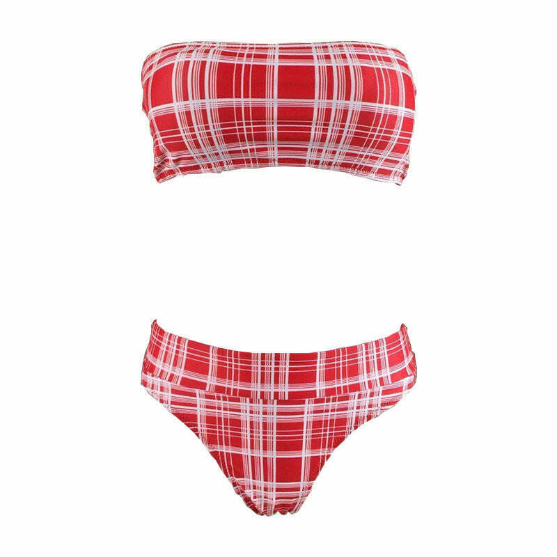 Coquette Aesthetic Tartan Bandeau Bikini Set - Y2K Fashion Swimwear