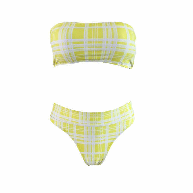 Coquette Aesthetic Tartan Bandeau Bikini Set - Y2K Fashion Swimwear