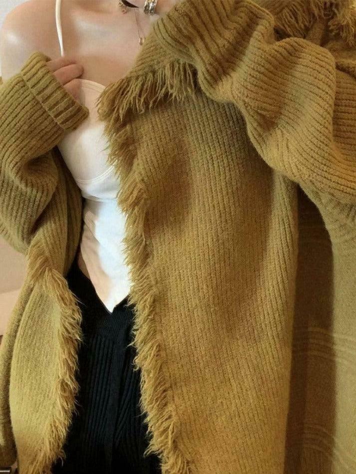 Coquette Aesthetic Tassel Trim Cardigan with Big Lapel - Y2K Fashion Statement