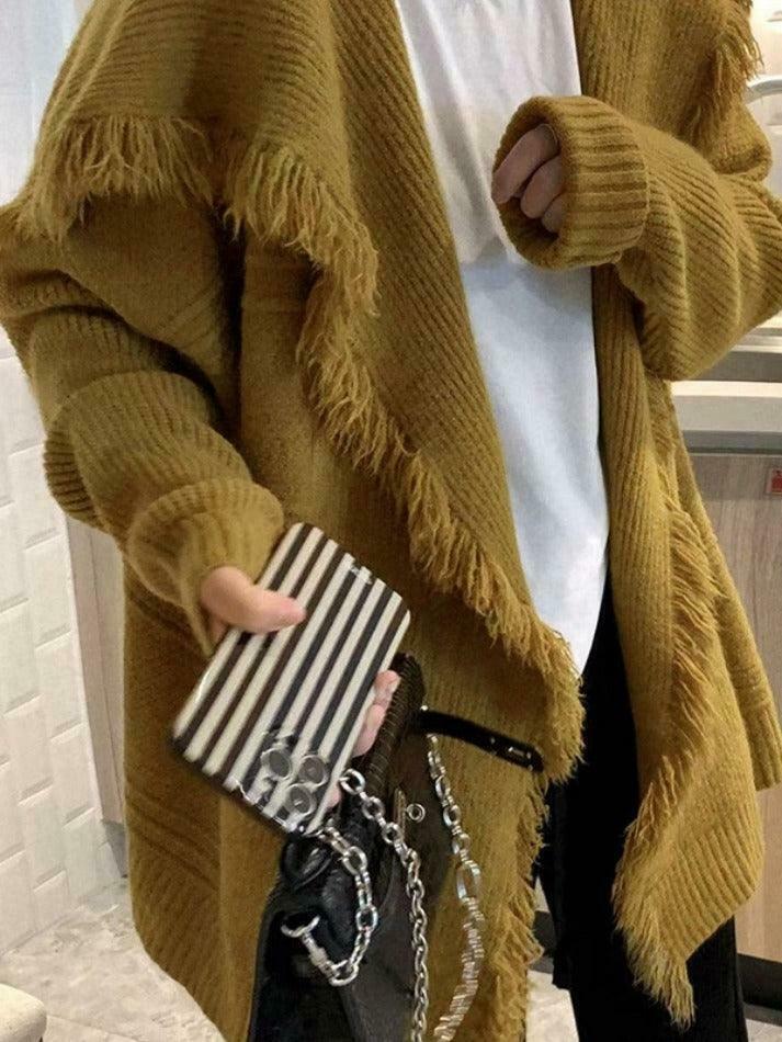 Coquette Aesthetic Tassel Trim Cardigan with Big Lapel - Y2K Fashion Statement