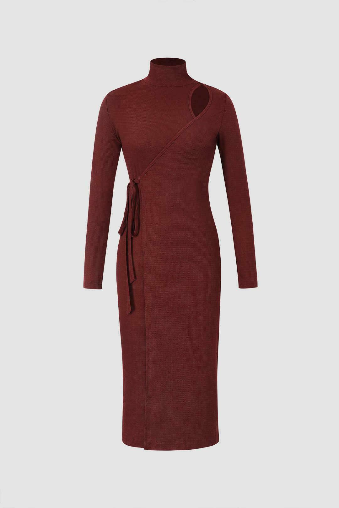 Coquette Aesthetic Textured High Neck Wrap Tie Midi Dress - Y2K Fashion Women's Clothing