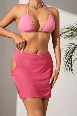 Coquette Aesthetic Three-Piece Backless Bikini Set for Y2K Fashion Enthusiasts