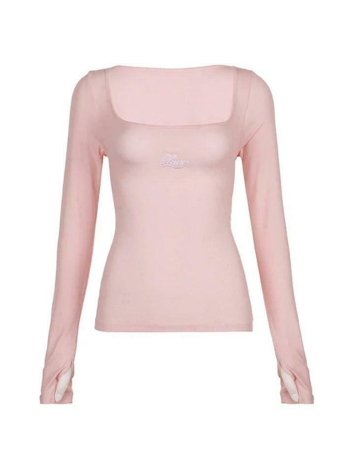 Coquette Aesthetic Tie-Back Embroidered Long Sleeve Tee in Y2K Fashion