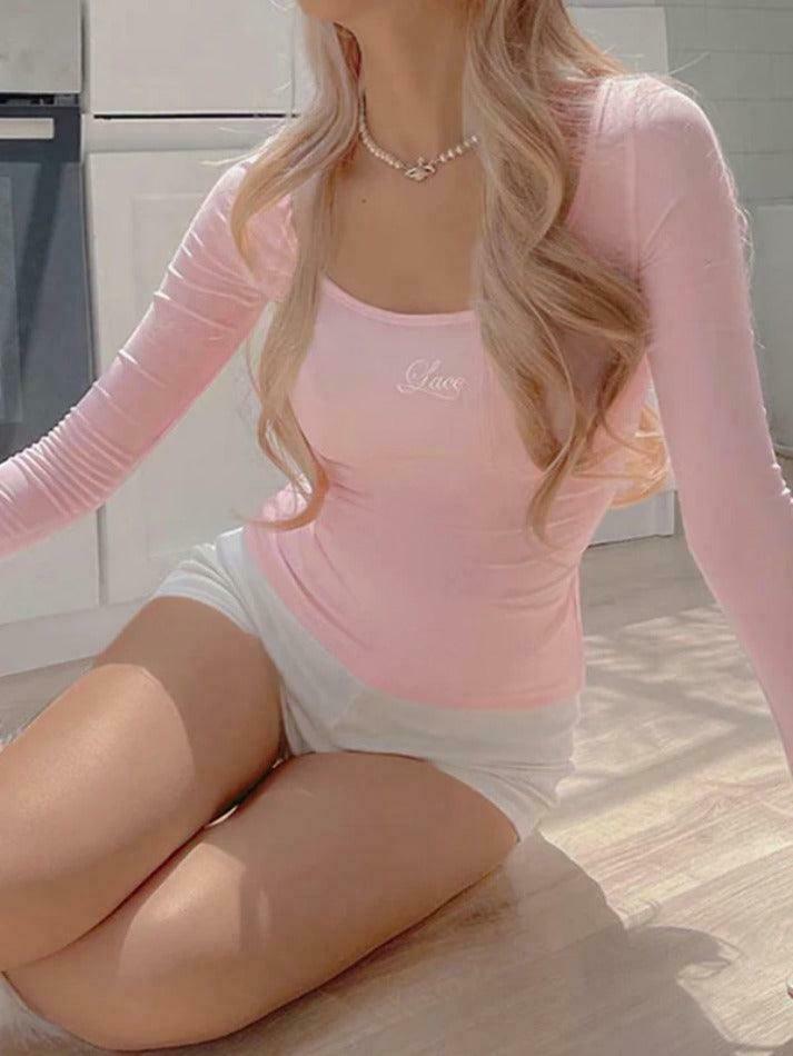 Coquette Aesthetic Tie-Back Embroidered Long Sleeve Tee in Y2K Fashion