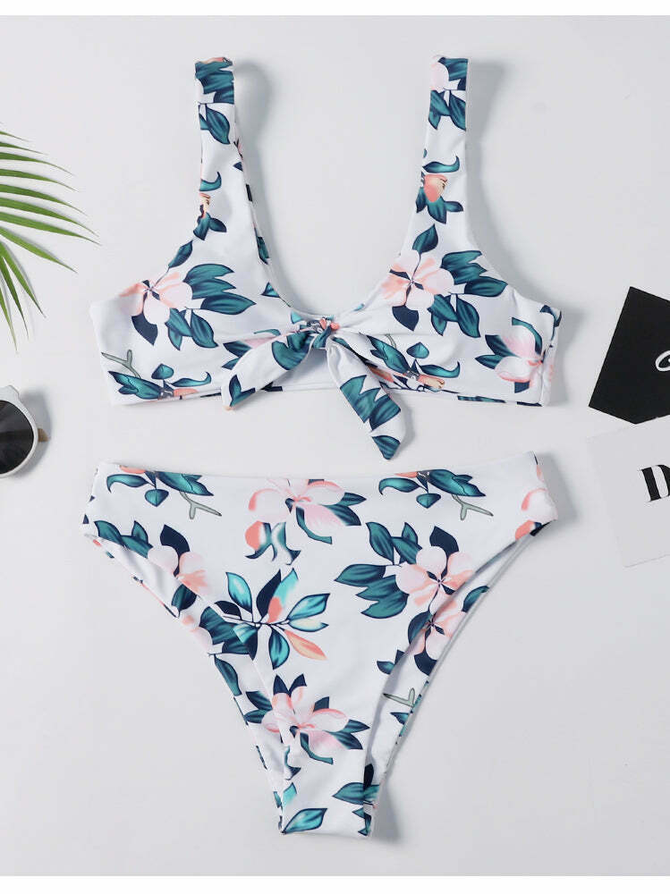Coquette Aesthetic Tied Floral High Rise Bikini Set - Y2K Fashion Swimwear