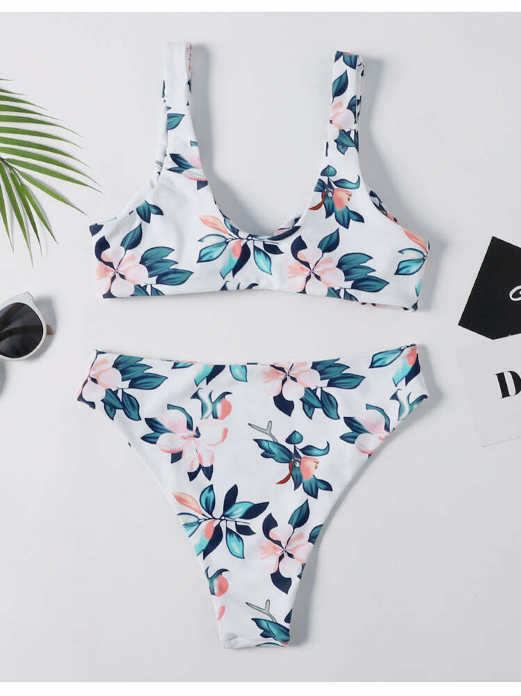 Coquette Aesthetic Tied Floral High Rise Bikini Set - Y2K Fashion Swimwear
