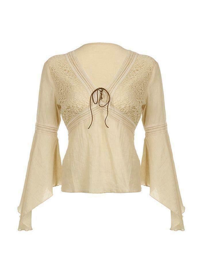 Coquette Aesthetic Tribal Cutout V-Neck Flared Sleeve Blouse - Y2K Fashion Statement