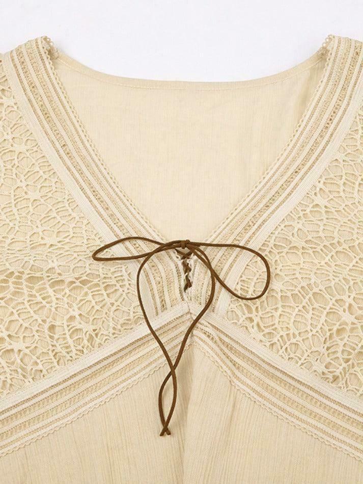 Coquette Aesthetic Tribal Cutout V-Neck Flared Sleeve Blouse - Y2K Fashion Statement