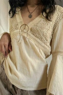 Coquette Aesthetic Tribal Cutout V-Neck Flared Sleeve Blouse - Y2K Fashion Statement