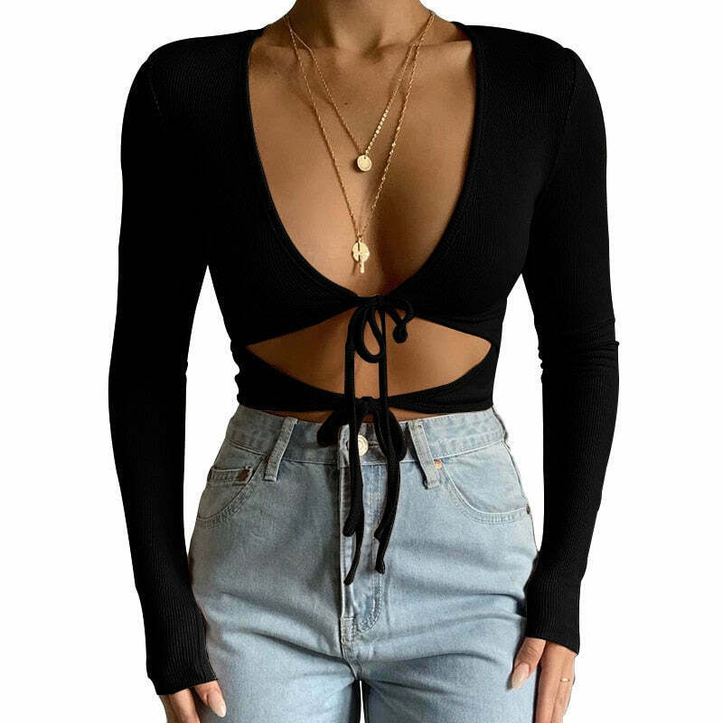 Coquette Aesthetic V-Neck Front Tie Up Crop Top for Y2K Fashion Enthusiasts