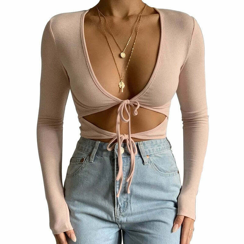 Coquette Aesthetic V-Neck Front Tie Up Crop Top for Y2K Fashion Enthusiasts
