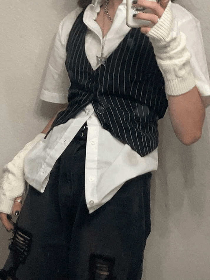 Coquette Aesthetic V-Neck Pinstriped Button Corset Top