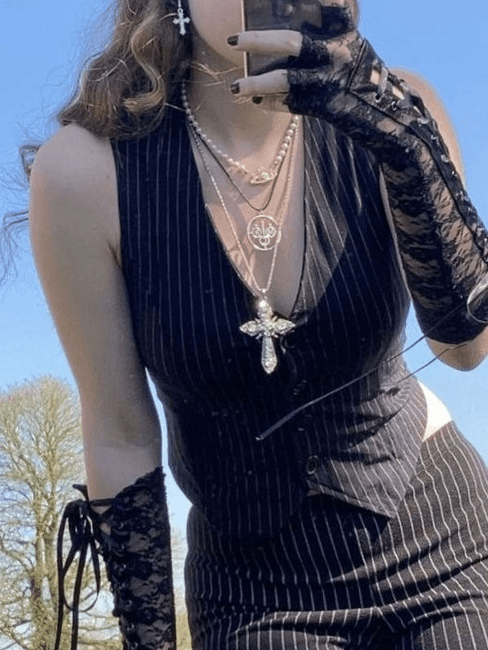 Coquette Aesthetic V-Neck Pinstriped Button Corset Top