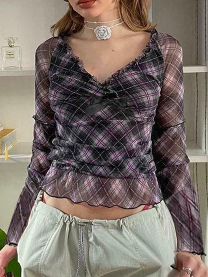Coquette Aesthetic V-Neck Plaid Mesh Bow Long Sleeve Tee - Y2K Fashion Grunge Style