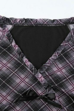 Coquette Aesthetic V-Neck Plaid Mesh Bow Long Sleeve Tee - Y2K Fashion Grunge Style