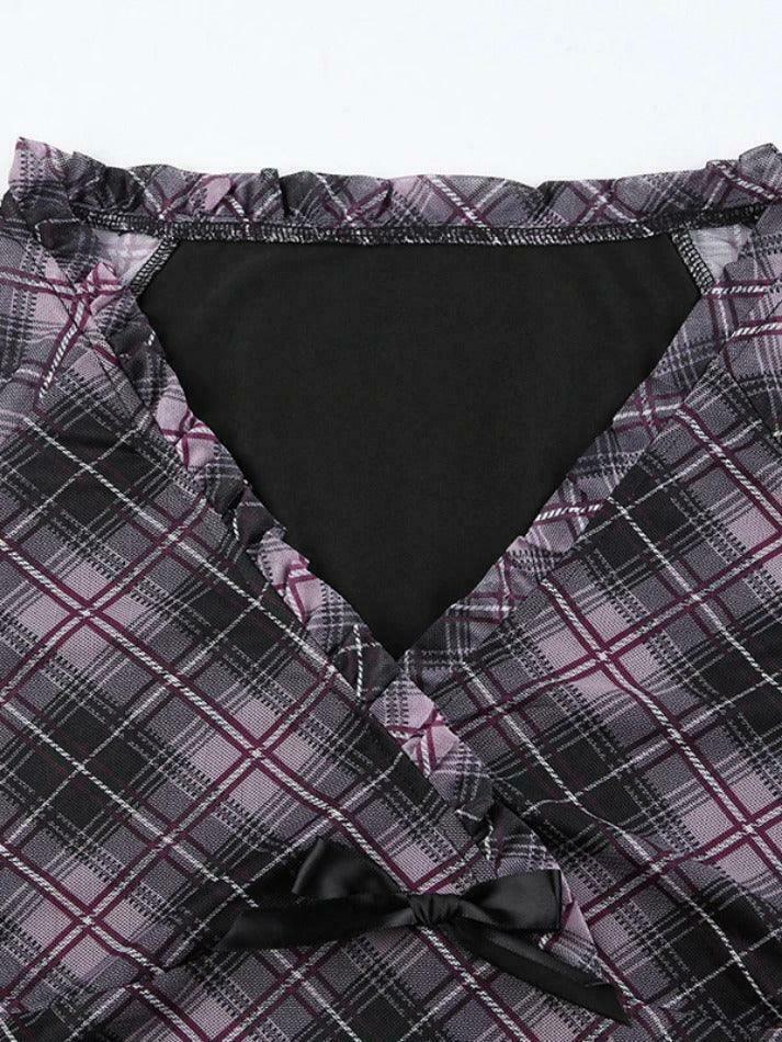 Coquette Aesthetic V-Neck Plaid Mesh Bow Long Sleeve Tee - Y2K Fashion Grunge Style