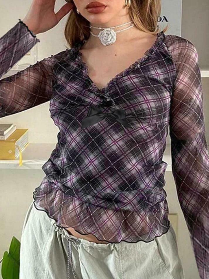 Coquette Aesthetic V-Neck Plaid Mesh Bow Long Sleeve Tee - Y2K Fashion Grunge Style