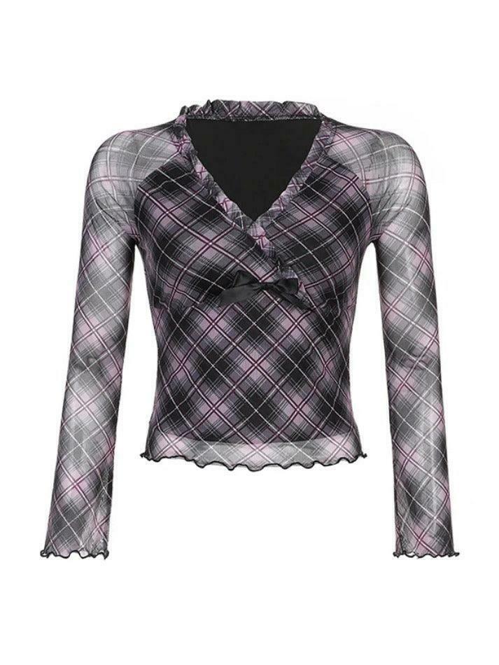 Coquette Aesthetic V-Neck Plaid Mesh Bow Long Sleeve Tee - Y2K Fashion Grunge Style