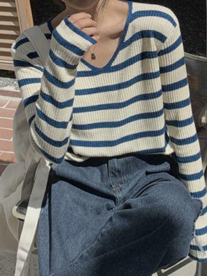 Coquette Aesthetic V-Neck Stripe Knit Sweater - Y2K Fashion Women's Clothing