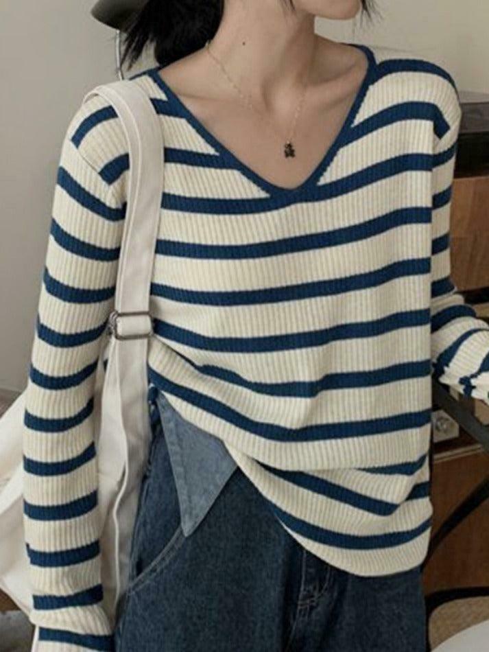 Coquette Aesthetic V-Neck Stripe Knit Sweater - Y2K Fashion Women's Clothing