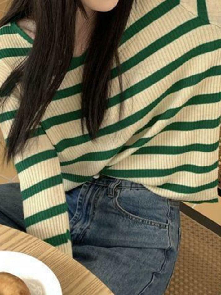 Coquette Aesthetic V-Neck Stripe Knit Sweater - Y2K Fashion Women's Clothing
