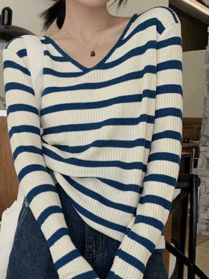 Coquette Aesthetic V-Neck Stripe Knit Sweater - Y2K Fashion Women's Clothing