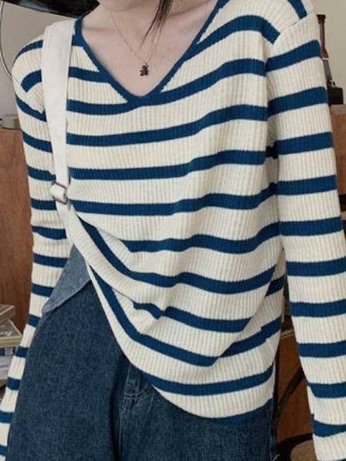 Coquette Aesthetic V-Neck Stripe Knit Sweater - Y2K Fashion Women's Clothing