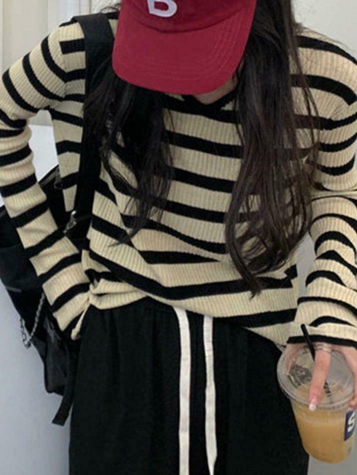 Coquette Aesthetic V-Neck Stripe Knit Sweater - Y2K Fashion Women's Clothing
