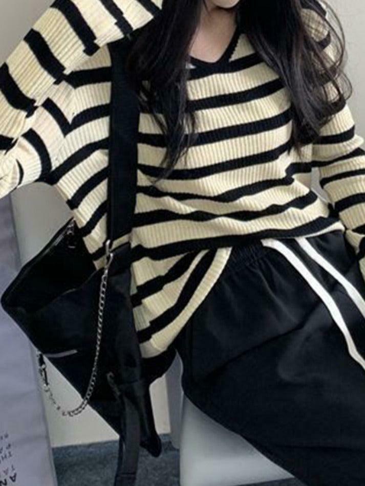 Coquette Aesthetic V-Neck Stripe Knit Sweater - Y2K Fashion Women's Clothing