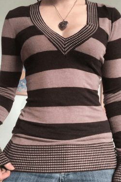 Coquette Aesthetic V-Neck Striped Knit Top - Y2K Fashion, Grunge Style, Cute Tops, Pastel Goth