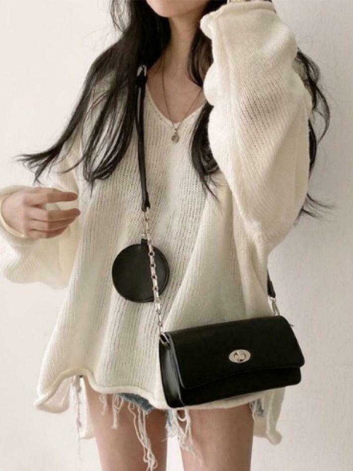 Coquette Aesthetic V-Neck Sweater: Y2K Fashion Loose Fit with Rolled Hem Detail