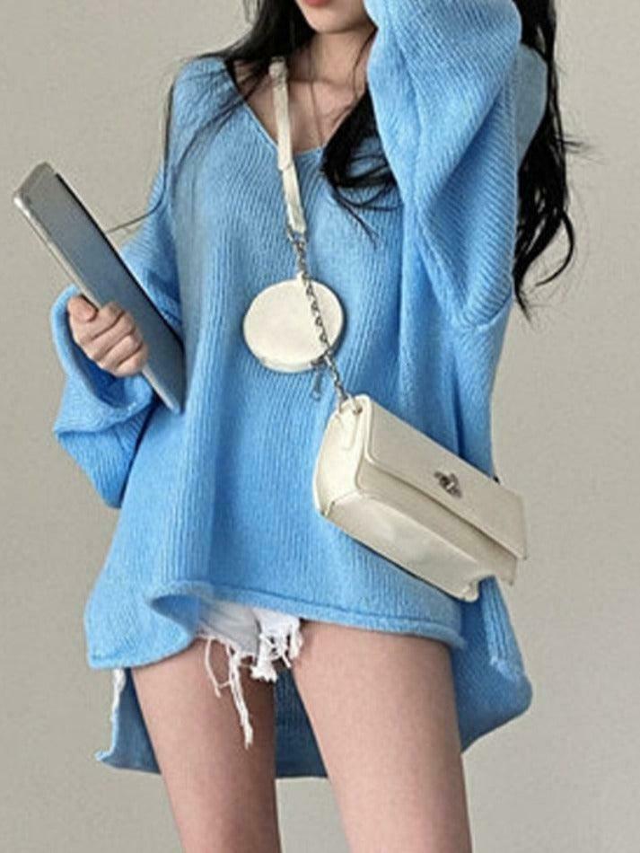 Coquette Aesthetic V-Neck Sweater: Y2K Fashion Loose Fit with Rolled Hem Detail
