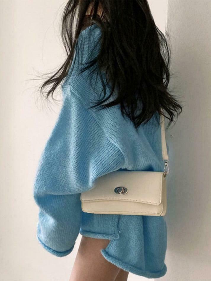 Coquette Aesthetic V-Neck Sweater: Y2K Fashion Loose Fit with Rolled Hem Detail