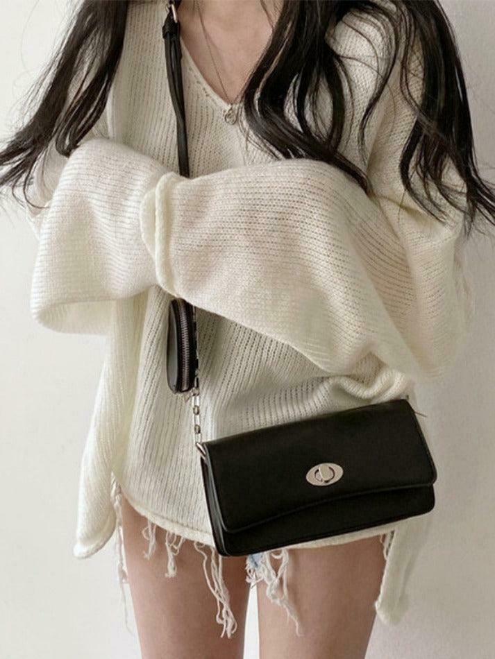 Coquette Aesthetic V-Neck Sweater: Y2K Fashion Loose Fit with Rolled Hem Detail