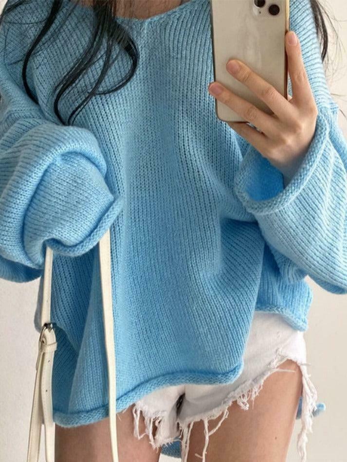 Coquette Aesthetic V-Neck Sweater: Y2K Fashion Loose Fit with Rolled Hem Detail