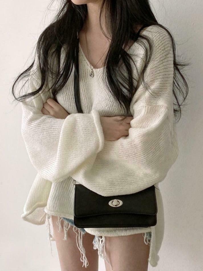 Coquette Aesthetic V-Neck Sweater: Y2K Fashion Loose Fit with Rolled Hem Detail