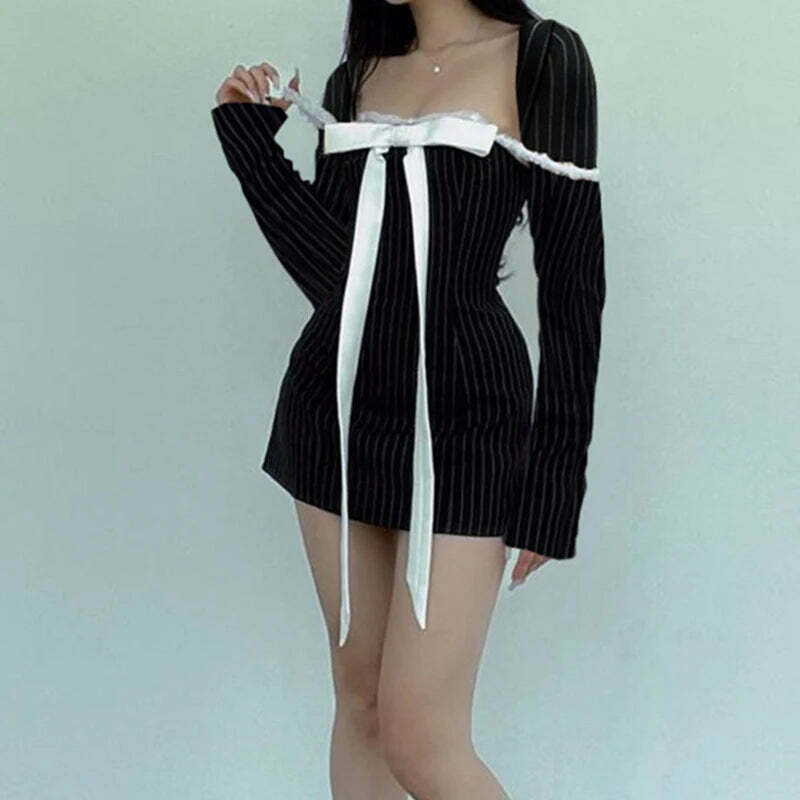 Coquette Aesthetic Vanilla Vista Striped Bow Dress - Y2K Fashion Women's Clothing