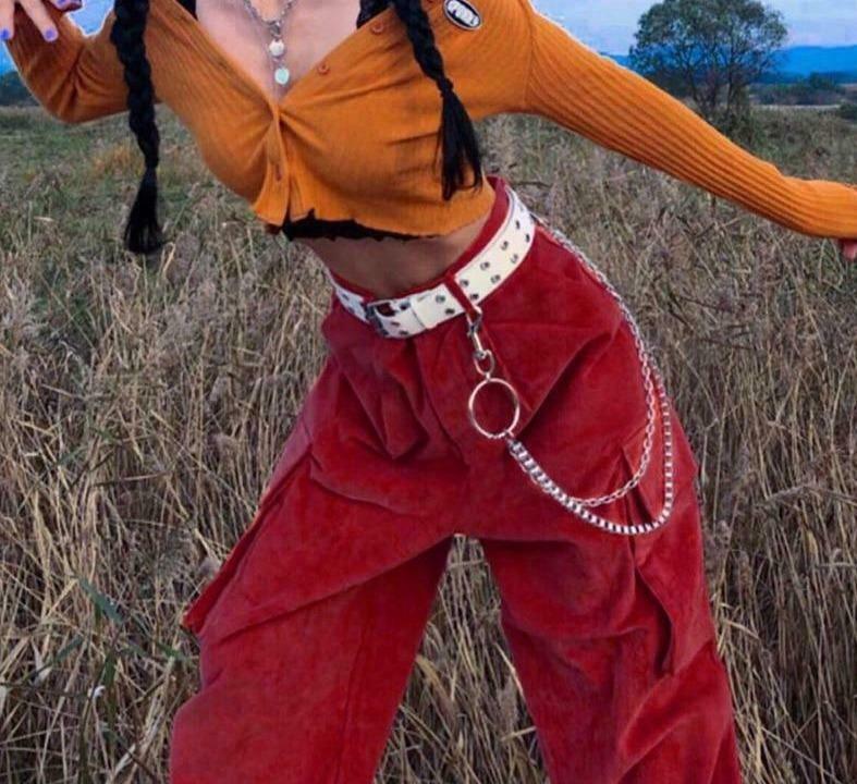 Coquette Aesthetic Vine Red Cargo Pants - Y2K Fashion Women's Grunge Style Outfit