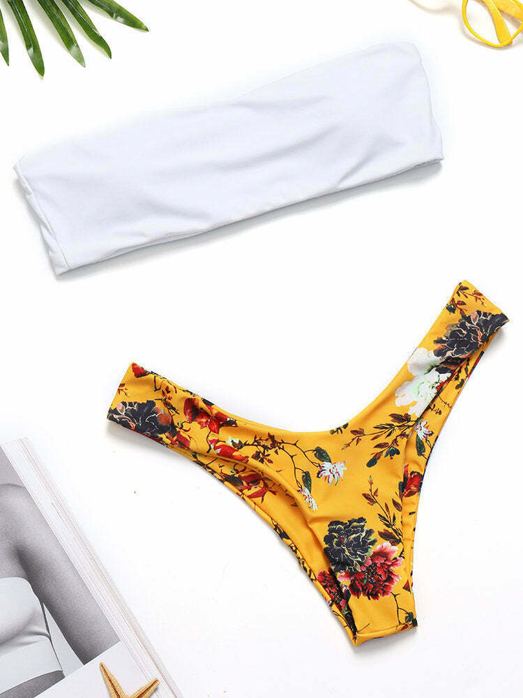 Coquette Aesthetic White Cami Bra & Printed Thong Bikini - Y2K Fashion Swimwear
