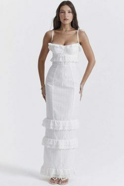 Coquette Aesthetic White Floral Suspender Maxi Dress