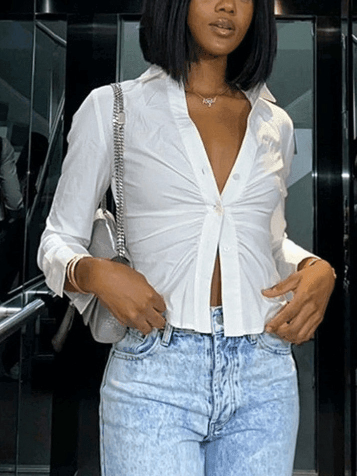 Coquette Aesthetic White Ruched Crop Top - Y2K Fashion Grunge Style Cute Tops & Pastel Goth Outfits