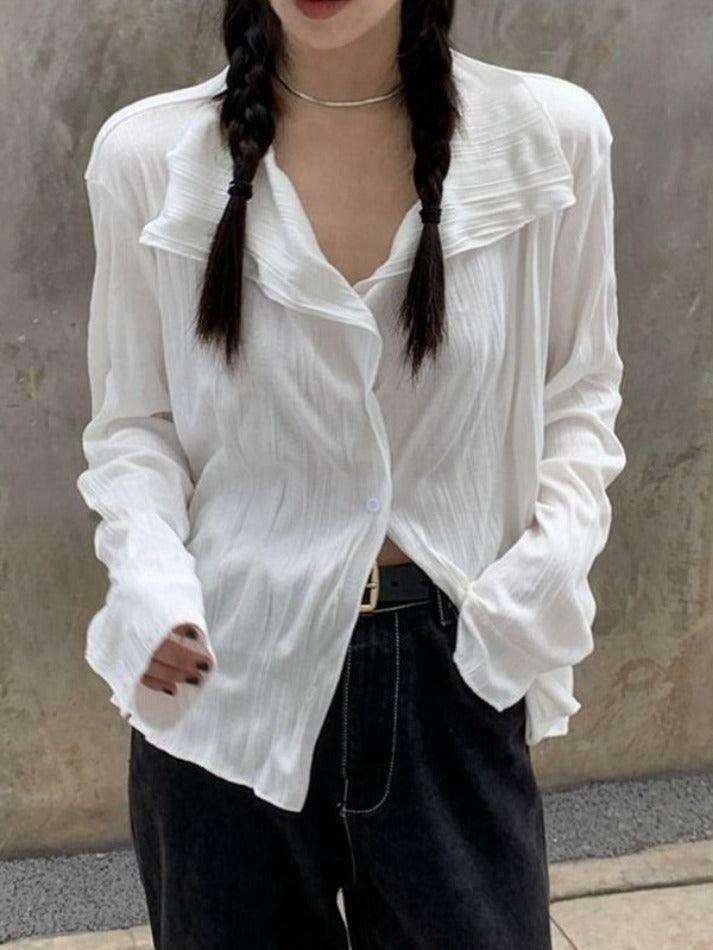 Coquette Aesthetic White Wrinkled Textured Baggy Long Sleeve Blouse - Y2K Fashion for Women