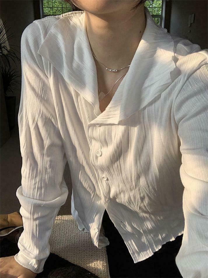 Coquette Aesthetic White Wrinkled Textured Baggy Long Sleeve Blouse - Y2K Fashion for Women
