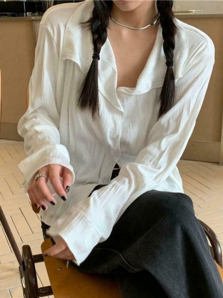 Coquette Aesthetic White Wrinkled Textured Baggy Long Sleeve Blouse - Y2K Fashion for Women