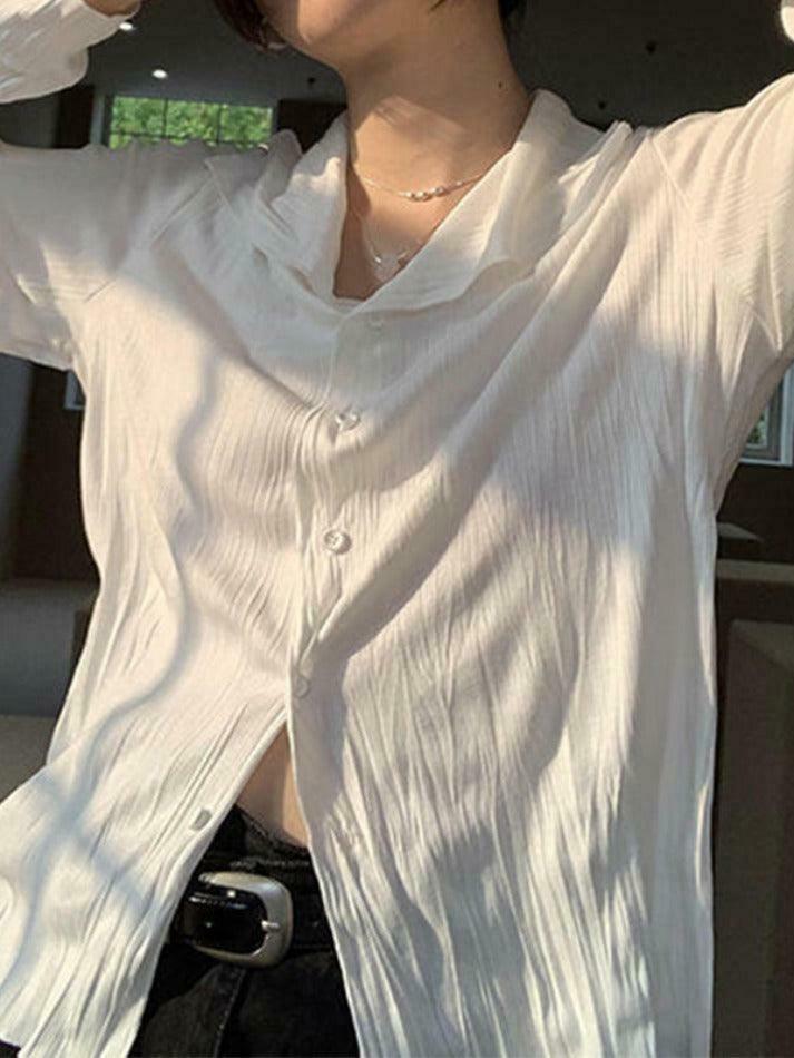 Coquette Aesthetic White Wrinkled Textured Baggy Long Sleeve Blouse - Y2K Fashion for Women