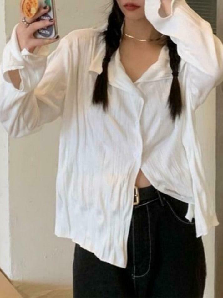 Coquette Aesthetic White Wrinkled Textured Baggy Long Sleeve Blouse - Y2K Fashion for Women