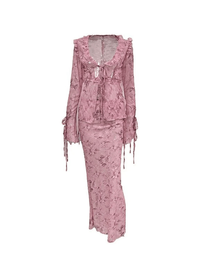 Coquette Aesthetic Wood Ear Print Skirt Suit - Y2K Fashion Outfit